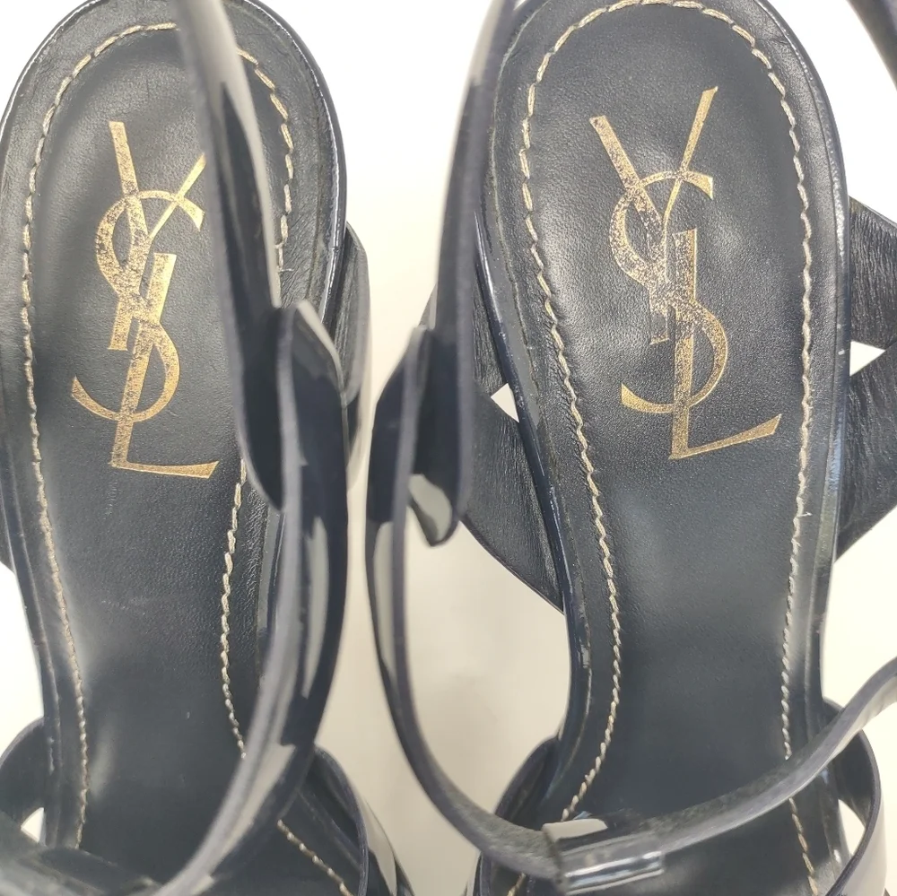 Yves St Laurent YSL 40 tribute BLUE patent leather platform sandals Celebrity